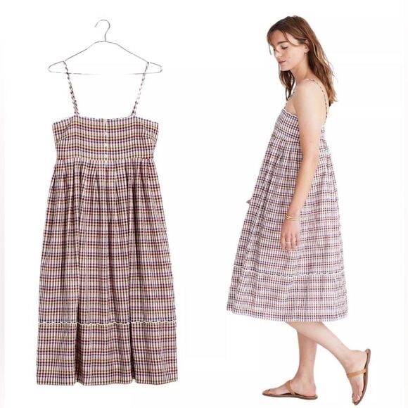 Madewell Rainbow Gingham Scalloped Midi Dress 4 - Picture 1 of 6